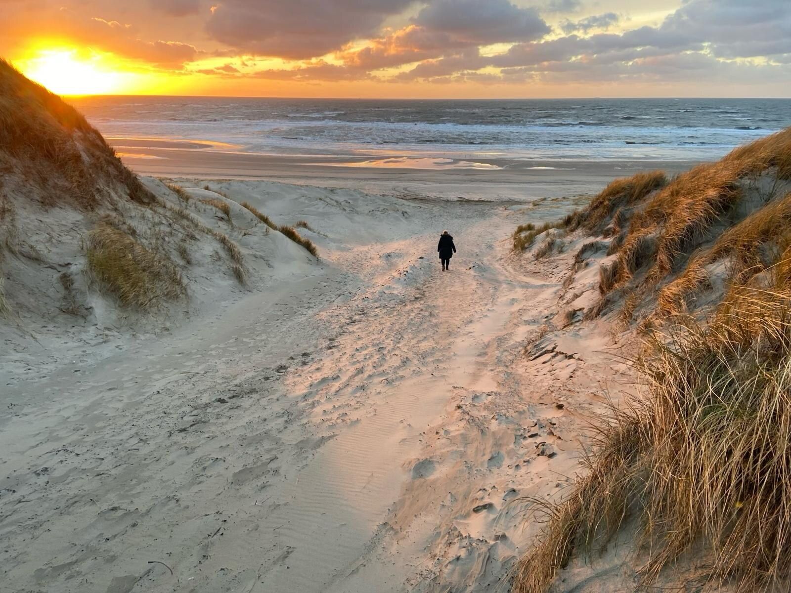 Wandelaar op een duinpad naar het strand van Texel bij zonsondergang